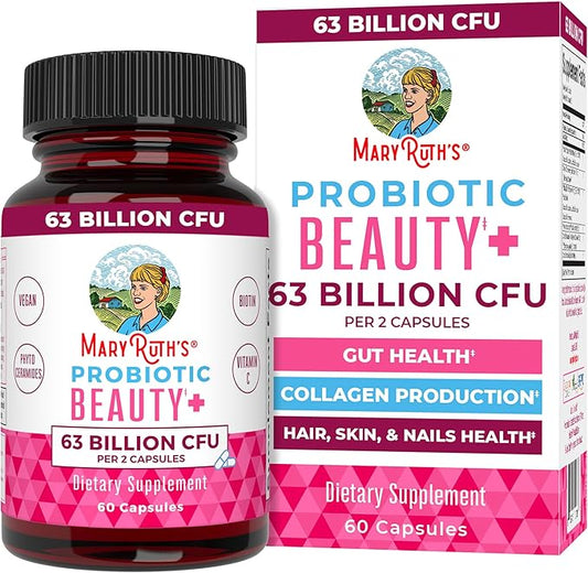 Probiotic Beauty Capsules by MaryRuth's | Vegan Collagen Support | Anti Aging | Gut Health | Hair Skin and Nails Vitamins | Skin Care | Biotin | Non-GMO Project Verified | 60 Count