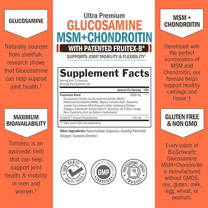 Glucosamine Chondroitin MSM Joint Support Supplement - FSA HSA Approved - Collagen Peptides, Turmeric and Ginger, Hyaluronic Acid, Glucosamine Chondroitin Sulfate - Gluten Free, Non GMO, 180 Capsules