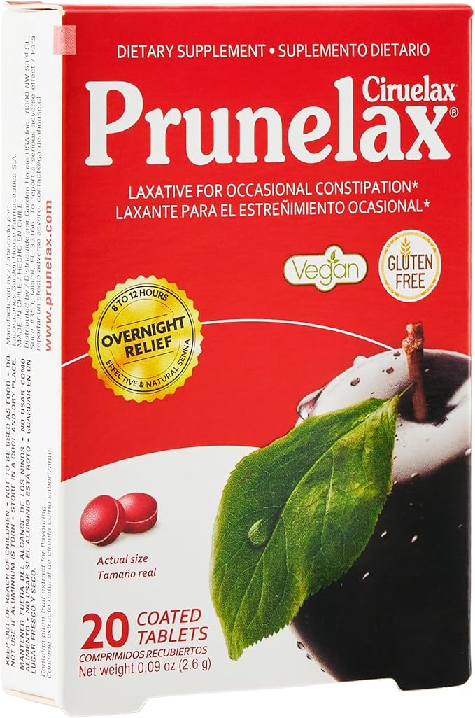 Prunelax Ciruelax Regular Strength Laxative Mini Tablets - Overnight Relief for Occasional Constipation, Senna Extract, Vegan & Gluten-Free, Gentle Relief - 20ct