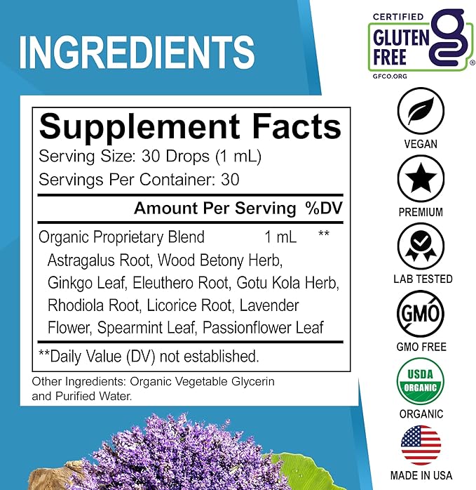 Adrenal Support Supplements Liquid Drops - Organic Adrenal and Focus Supplement, Cortisol Manager Adaptogen Adults, Ginkgo Biloba for Kids Calm - Natural Brain and Memory Fatigue Stress Attention 1oz