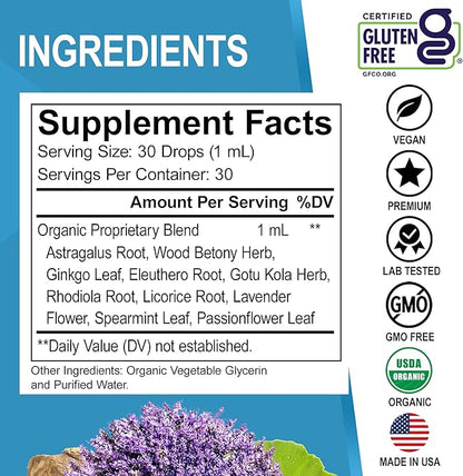 Adrenal Support Supplements Liquid Drops - Organic Adrenal and Focus Supplement, Cortisol Manager Adaptogen Adults, Ginkgo Biloba for Kids Calm - Natural Brain and Memory Fatigue Stress Attention 1oz
