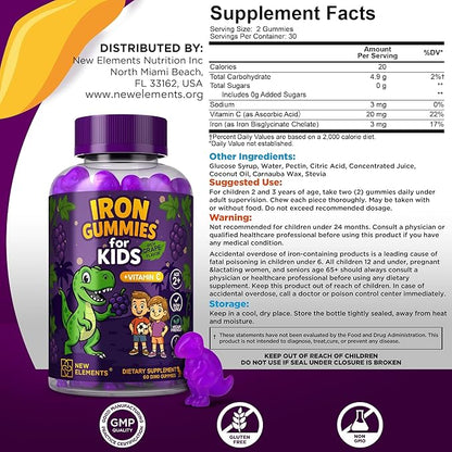 New Elements Iron Dinosaur Gummies for Kids with Vitamin C | Sugar-Free, Vegan, Gluten-Free & Non-GMO | Anemia Relief, Energy & Blood Health Support | Grape Flavor, Pectin-Based for Optimal Health