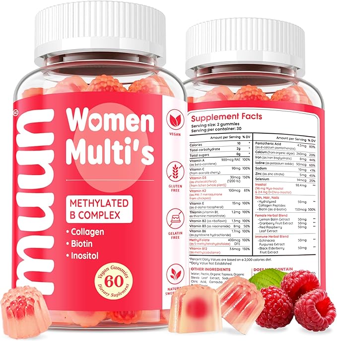 Muun Methylated Multivitamin Gummy for Women 14+, Beauty, Focus & Energy Support, Vitamin B Complex, Low Iron, Methyl Folate, Sugar-Free, Non-GMO