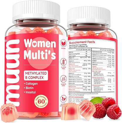 Muun Methylated Multivitamin Gummy for Women 14+, Beauty, Focus & Energy Support, Vitamin B Complex, Low Iron, Methyl Folate, Sugar-Free, Non-GMO