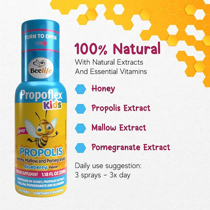 Beelife Bee Propolis Extract, Propolis Throat Spray for Kids – Propolis, Honey, Mallow, Pomegranate - Natural Immune Support & Sore Throat Relief, No Sugar - Blueberry Flavor - (35ml/ 3-Pack)