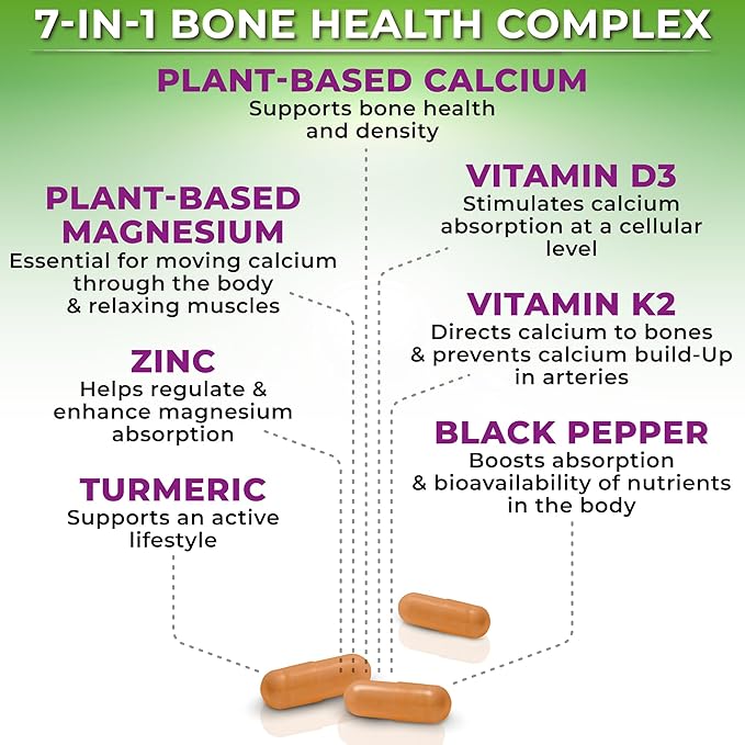 Plant-Based Calcium 600mg (Aquamin) – Vegan Calcium Magnesium Zinc D3 with Vitamin K2 & Organic Turmeric – Enhanced Bone and Muscle Health & Strength, Immune Support for Women & Men - 90 Count