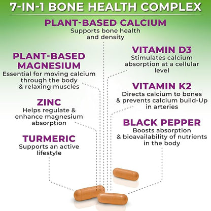 Plant-Based Calcium 600mg (Aquamin) – Vegan Calcium Magnesium Zinc D3 with Vitamin K2 & Organic Turmeric – Enhanced Bone and Muscle Health & Strength, Immune Support for Women & Men - 90 Count
