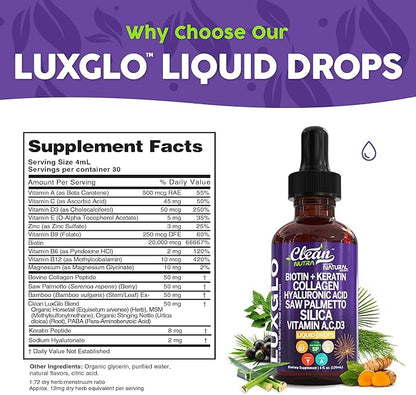 Biotin Liquid Drops Collagen Keratin Hyaluronic Acid Saw Palmetto for Hair Skin and Nails Silica Vitamin A C Vitamin D Bamboo Turmeric Zinc Folate Magnesium Horsetail LuxGlo by Clean Nutra
