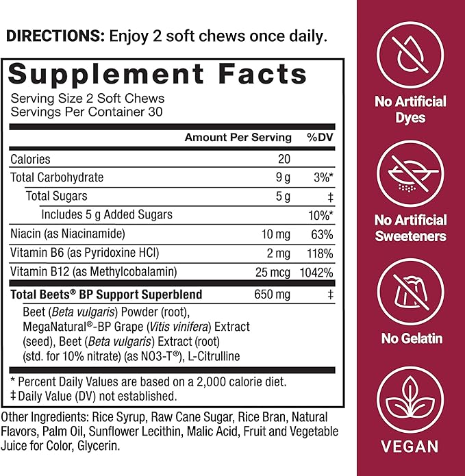 FORCE FACTOR Total Beets Blood Pressure Support Supplement, Beets Supplements with Beets Powder, Great-Tasting Beets Chewables for Heart-Healthy Energy, and Increased Nitric Oxide, 120 Chews, 2-Pack