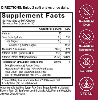 FORCE FACTOR Total Beets Blood Pressure Support Supplement, Beets Supplements with Beets Powder, Great-Tasting Beets Chewables for Heart-Healthy Energy, and Increased Nitric Oxide, 120 Chews, 2-Pack