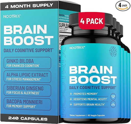 Brain Boost Nootropic Supplement | Supports Memory, Mental Focus, Cognitive Health & Energy | Caffeine-Free, Promotes Healthy Mood & Brain Function w/Gingko Biloba & DMAE | 240 Capsules