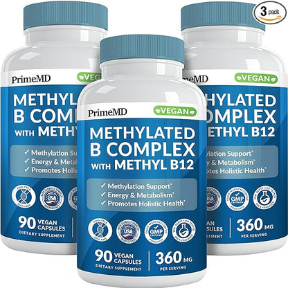 Methylated B Complex with B12 Methylcobalamin & Methyl Folate 1000 mcg - Premium Vitamin B Complex for Energy, Brain Function, and Wellness - Methylated Multivitamin (270 Servings, Pack of 3)