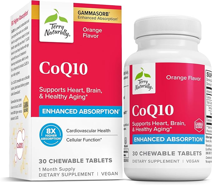 Terry Naturally CoQ10 Chewables - Cellular Energy Support Supplement - Higher Absorption CoQ10 Chewable Supplement - Nutritional Supplement to Aid Healthy Aging & Brain Health - 30 Chewables