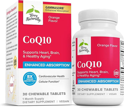 Terry Naturally CoQ10 Chewables - Cellular Energy Support Supplement - Higher Absorption CoQ10 Chewable Supplement - Nutritional Supplement to Aid Healthy Aging & Brain Health - 30 Chewables