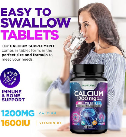 Calcium 1200mg with Vitamin D3 for Best Absorption - Advanced Bone Support Supplement, 1200 mg Calcium Carbonate & 1600 IU Vitamin D3, Slow Release for Immune Support, Easy to Swallow, 120 Tablets