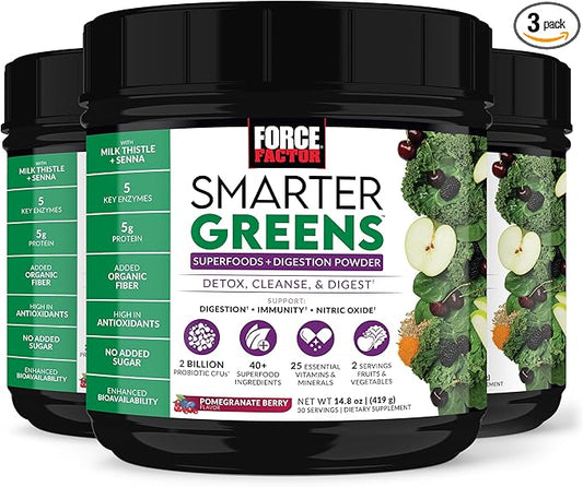 Force Factor Smarter Greens Superfoods + Digestion Powder, 3-Pack, Greens Powder with 2 Billion Probiotics, Digestive Enzymes, and Antioxidants to Detox, Cleanse, and Support Immunity, 90 Servings