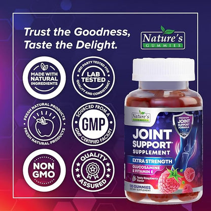 Joint Support Supplement - Extra Strength Glucosamine Gummy Supports Joints Health & Flexibility for Back, Knees, Hands - Natural Vitamin E Immune Support - Best Gummies for Women & Men - 120 Gummies
