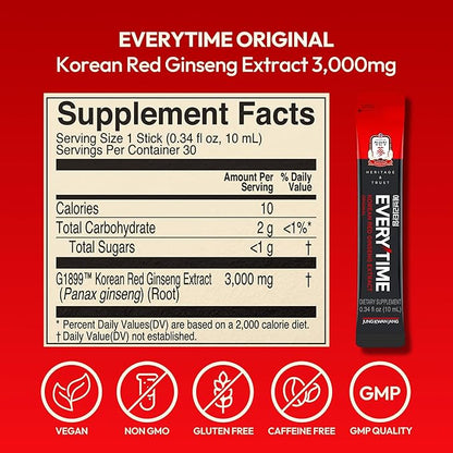 Everytime Korean Red Ginseng Extract 3000mg (Original) - Adaptogen Energy Drink Sugarless Liquid Stick Supplements - Energy Boost & Immune Support, Caffein Free 0.34 Fl Oz (Pack of 30)