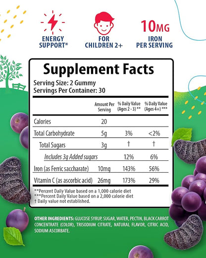 SUNNY SAM Iron Gummies for Kids & Teens - 10mg Vitamins with Vitamin C - Low-Sugar Chewable Iron Gummy Supplement for Immune Support, Supports Red Blood Cell Production for Children & Teen Girls