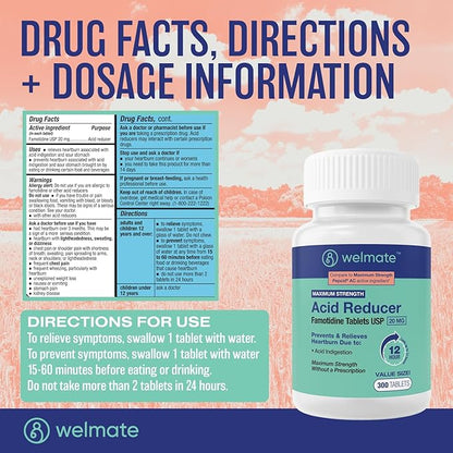WELMATE - Famotidine Acid Reducer, 20mg - Maximum Strength - Heartburn Relief - Acid Indigestion - Stomach Relief - Works in 15 Minutes, 12 Hour Relief - Generic Medication - Value Size - 300 Tablets
