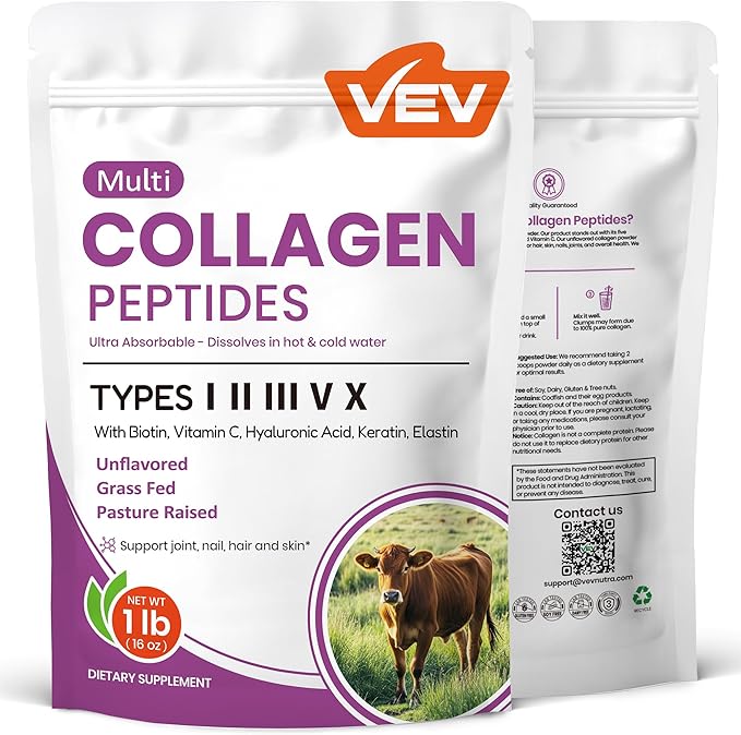 VEV Multi Collagen Peptides Powder, 1 lb – Type I, II, III, V, X, Hydrolyzed Collagen, Hyaluronic Acid Power, Biotin, Vitamin C, Supports Skin, Unflavored, Dissolves Easily (Packaging May Vary)