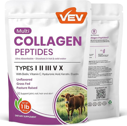VEV Multi Collagen Peptides Powder, 1 lb – Type I, II, III, V, X, Hydrolyzed Collagen, Hyaluronic Acid Power, Biotin, Vitamin C, Supports Skin, Unflavored, Dissolves Easily (Packaging May Vary)