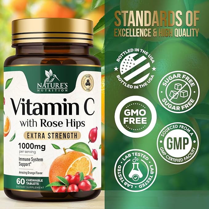 Chewable Vitamin C 1000mg - Extra Strength Antioxidants for Powerful Immune Support w/Vitamin C & Rose HIPS - Potent Dietary VIT C Chews Supplement, Natural, Vegan - Tasty Orange Flavor - 60 Tablets