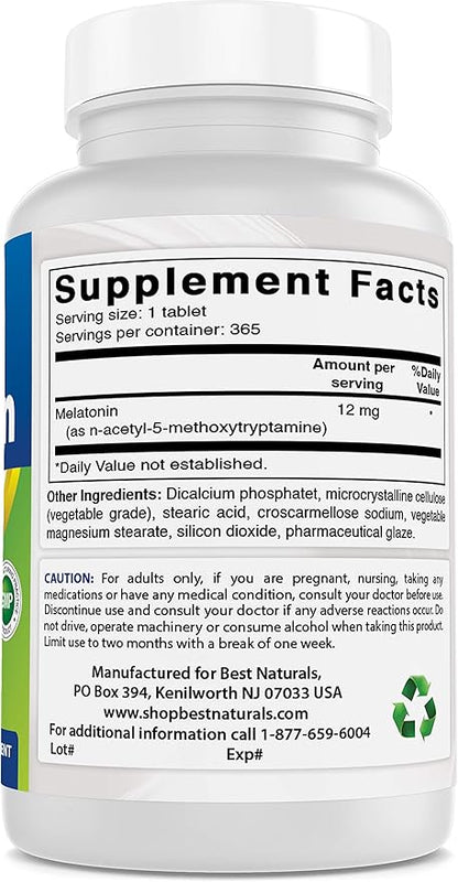 Best Naturals Melatonin 12 mg (1 Year Supply) - Drug-Free Nighttime Sleep Aid - Melatonin for Sleep and Relaxation, 365 Count (365 Count (Pack of 1))