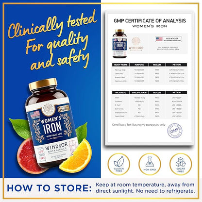Iron and Folic Acid Supplements for Women - 35mg Gentle Iron Vitamin, Folic Acid 400mcg - Anemia, Period, Pregnancy Support Supplement, Ferrous Sulfate Pills - 180 Vegan Non-Constipating Tablets