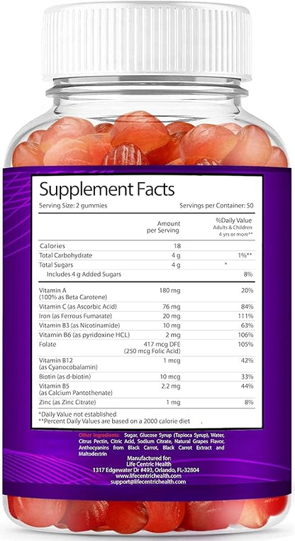 LifeCentricHealth Iron Gummies for Adults & Kids | Biotin Zinc Vitamin B Folic Acid Gummies | Vegan Gluten Free for Women & Men