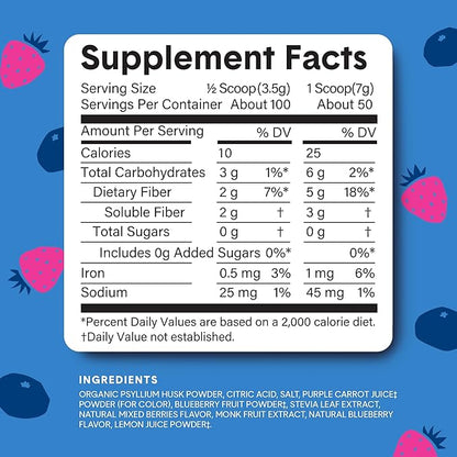 Bellway Super Fiber Powder + Fruit, Sugar Free Organic Psyllium Husk Powder Fiber Supplement for Regularity, Bloating Relief & Gut Health, Non-GMO, Plant-Based, Mixed Berry (50 Servings)