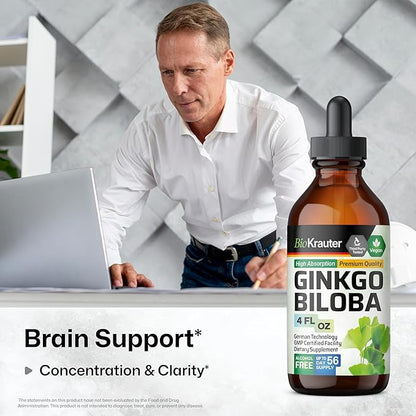 BIO KRAUTER Ginkgo Biloba Extract - Liquid Ginkgo Biloba Supplements for Brain - Vegan, Alcohol & Sugar Free - 4 Fl Oz