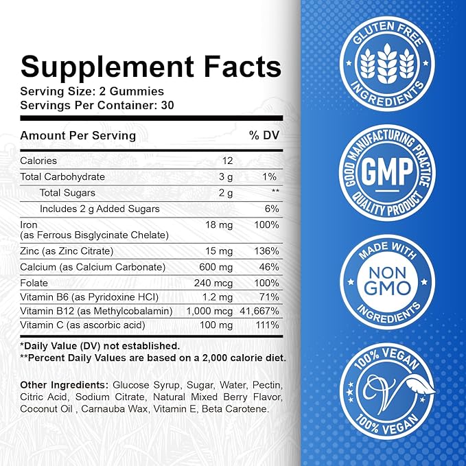 Iron Gummies with Zinc, Calcium, Vitamin C, B6 & B12 | Iron Supplement for Women, Men & Kids | Supports Anemia & Deficiency, Blood Builder & Cell Formation | Chewable Mixed Berry Flavor, 60 Gummies