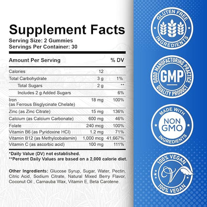 Iron Gummies with Zinc, Calcium, Vitamin C, B6 & B12 | Iron Supplement for Women, Men & Kids | Supports Anemia & Deficiency, Blood Builder & Cell Formation | Chewable Mixed Berry Flavor, 60 Gummies
