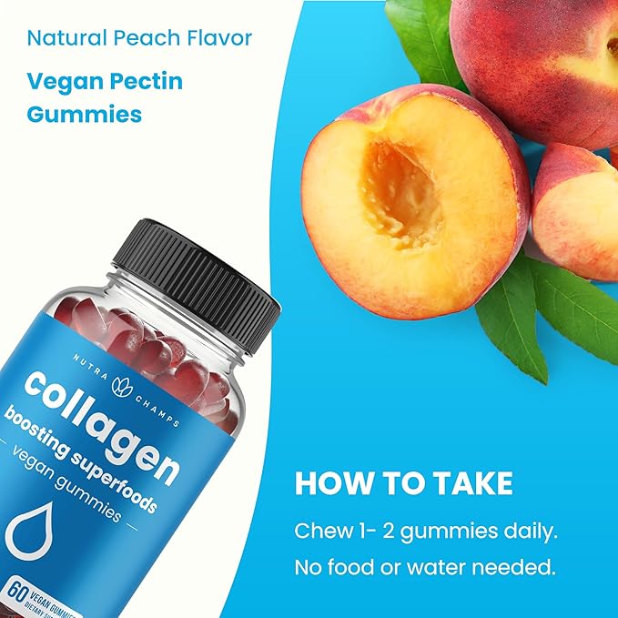 NutraChamps Collagen Boosting Gummies, Collagen Booster Gummy for Natural Collagen Production, Vegan Pectin Supplements Chews for Women & Men, 60 Peach Gummies (Pack of 2)