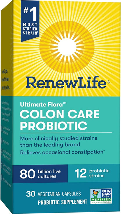Renew Life Probiotic Colon Care Probiotic Capsules, Daily Supplement Offers Colon Support, L. Rhamnosus GG, Dairy, Soy and gluten-free, 80 Billion CFU, 30 Count