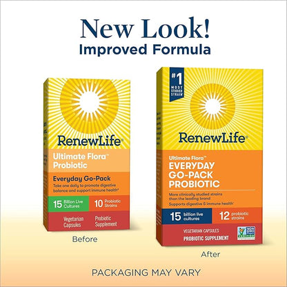 Renew Life Everyday Go-Pack Probiotic Capsules, Daily Supplement Supports Urinary, Digestive and Immune Health, L. Rhamnosus GG, Dairy, Soy and gluten-free, 15 Billion CFU, 60 Count