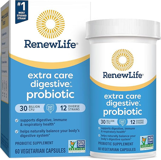 Renew Life Extra Care Probiotic Capsules, Daily Supplement Supports Immune, Digestive and Respiratory Health, L. Rhamnosus GG, Dairy, Soy and gluten-free, 30 Billion CFU, 60 Count
