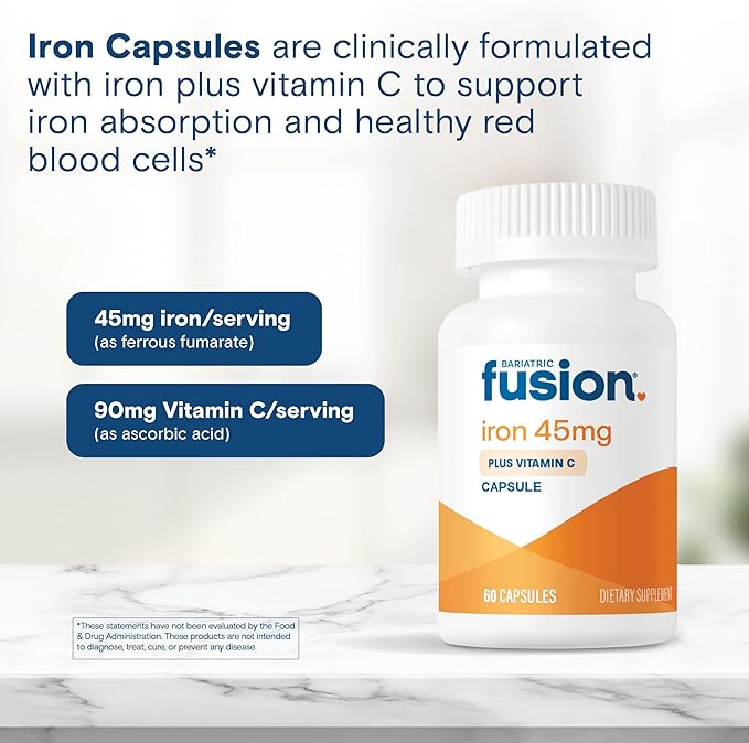Bariatric Fusion Iron Supplement 45mg with Vitamin C | 1 Per Day | Vitamins for Women and Men | Gluten, Dairy and Soy Free | Non-GMO | 60 Count