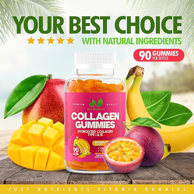 Collagen Gummies for Women & Men (90 Count) - Premium Hydrolyzed Collagen Type I & III for Hair, Skin & Nails Support - Great Tasting Tropical Flavor, Gluten-Free, Non-GMO - 90 Gummies (45 Servings)