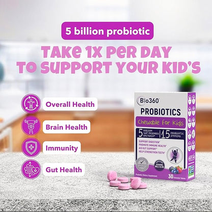 Probiotics for Kids - 15 Strains & 5 Billion CFU Supports Brain, Immune & Digestive Health - Kids Probiotic Chewable with Organic Prebiotics for Gut & Constipation, Mixed Berry Flavor, 60 Count