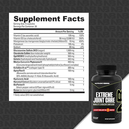 NutraBio Extreme Joint Care - Joint Support Supplement for Joint Relief, Pain-Free Movement - Joint Health Supplement, Supports Joints, Mobility, and Cartilage - 120 Capsules