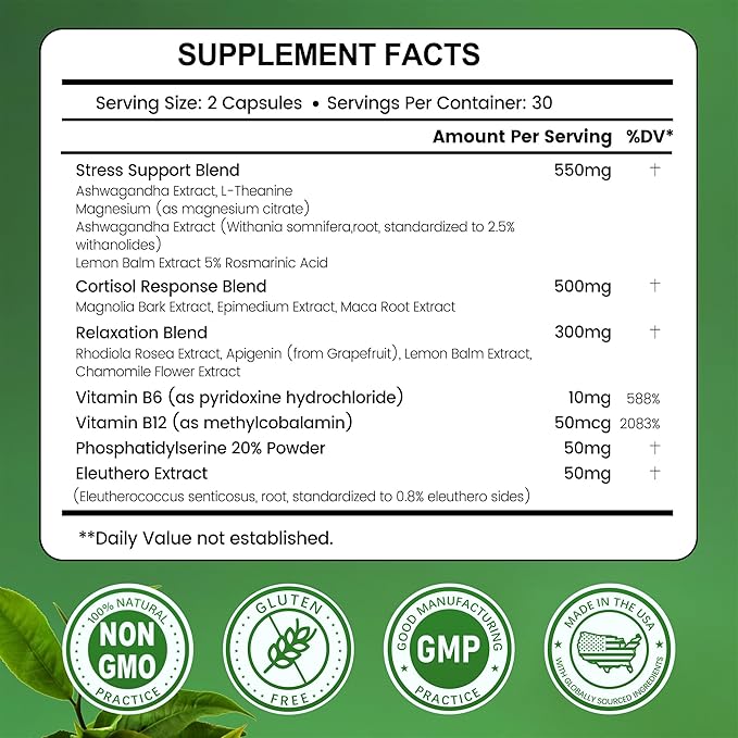 Cortisol Supplement, 15 in 1 Cortisol Manager with Ashwagandha, L-Theanine, Magnesium,Supports Cortisol Health & Relaxation,Stress Management & Restful Sleep, 60 Capsules