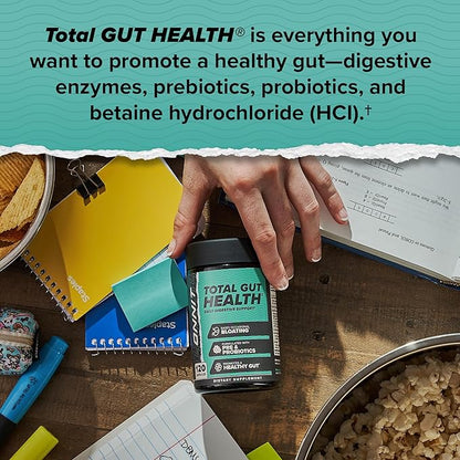 ONNIT Total Gut Health Daily Digestive Support, Complete Digestion Supplement for Women and Men with 7 Strains of Probiotics, Prebiotics, Enzymes and Betaine HCL, 60 Count