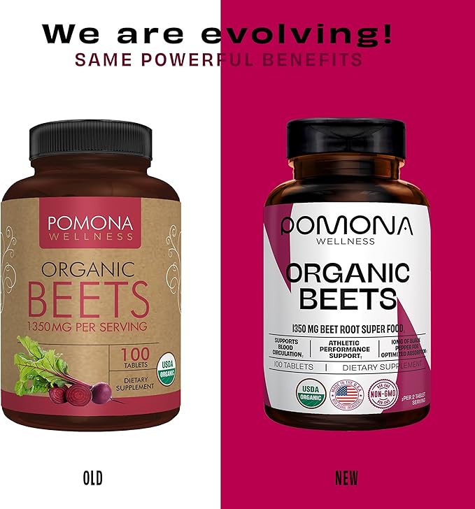 Pomona Wellness Beetroot Supplement Powder 1350mg, Supports Blood Pressure, Heart Health, Circulation, Energy & Athletic Performance, USDA Organic, Non-GMO, Vegan, 100 Tablets