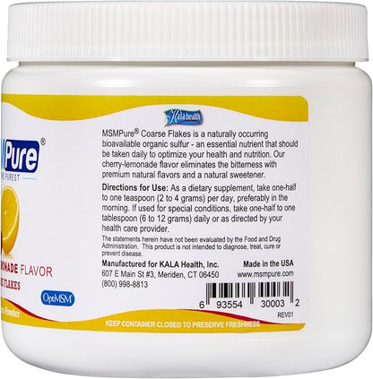 KALA HEALTH MSMPure Cherry Lemonade Flavored Coarse MSM Powder Flakes – Organic Sulfur for Joint Flexibility, Skin Appearance, and Hair & Nail Support - 8.8 oz, USA Made, Distilled Crystals