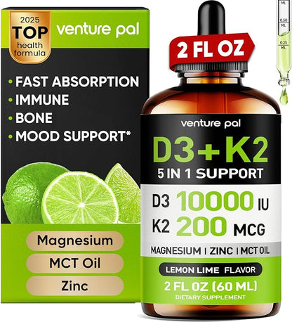 Venture Pal Vitamin D3 10000 IU Drops Plus K2 200 mcg with Magnesium, MCT Oil, Zinc, Vitamin D Liquid |Maximum Absorption for Bone, Mood & Immune Health (Lemon,2 Fl Oz)