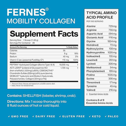 Mobility Collagen Peptides Powder - Glucosamine, Chondroitin, Hyaluronic Acid & Liposomal Vitamin C Joint Bone & Cartilage Support Grass-Fed Type I & III Keto & Paleo 28 Servings, 11.83 oz