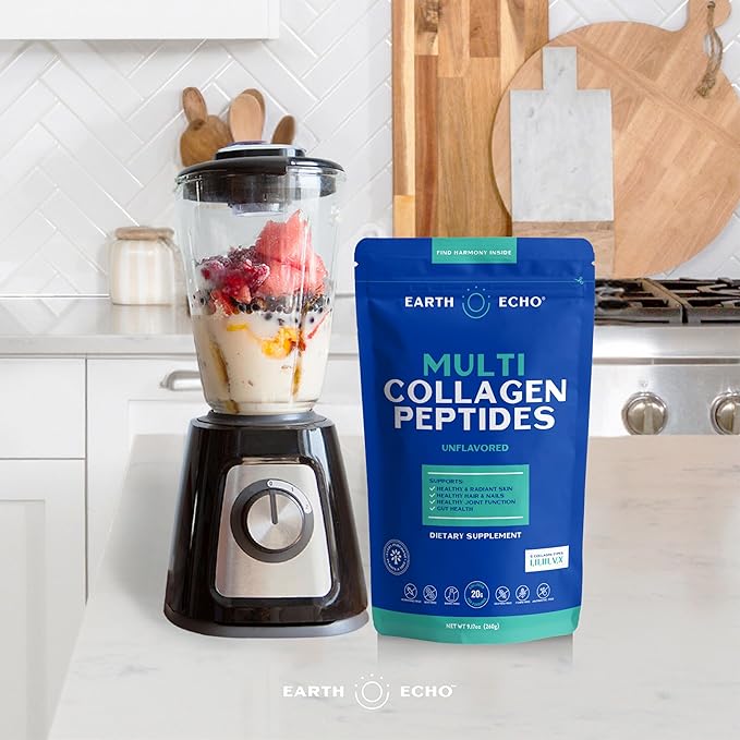 Earth Echo Multi Collagen Peptides, Hydrolyzed Collagen with Vitamin C and Hyaluronic Acid, Supports Radiant Skin, Healthy Joints, Gut Health and Immune Function, Dairy-Free, 26 Servings