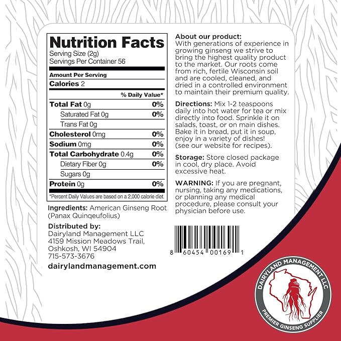Dairyland Premium American Ginseng Powder 西洋参 - 4 oz Pack of Wisconsin Ginseng Root Powder - Non-GMO, Gluten Free Powdered Ginseng - Use Ginseng Herbal Supplement for Smoothies, Baking, Tea